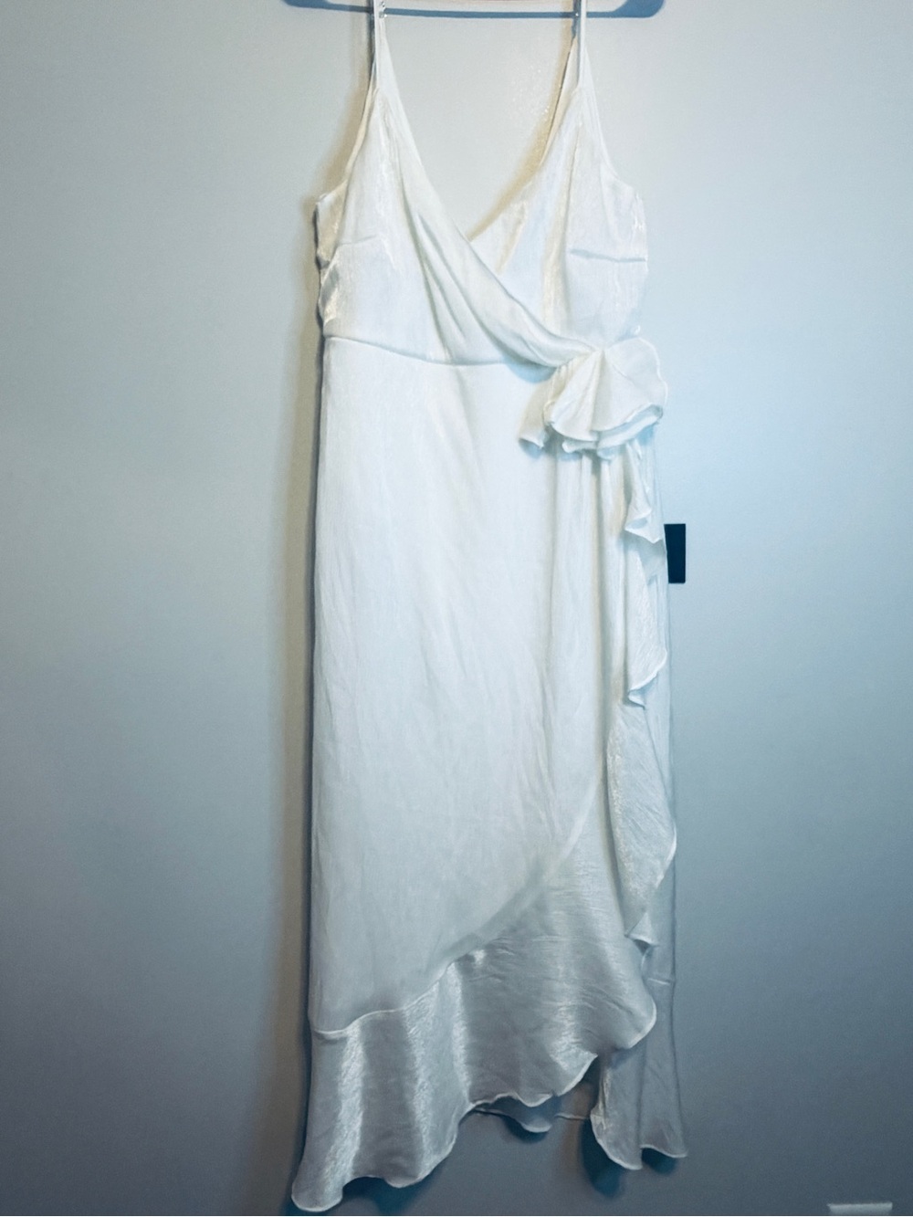 Lulu's White Satin Wrap Midi Dress with Ruffle Accent and a Ruffle Flower